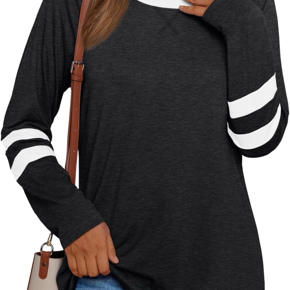 NWOT Women’s Black Crewneck Long Sleeve Top w Retro White Stripes Size XXL - Picture 2 of 8